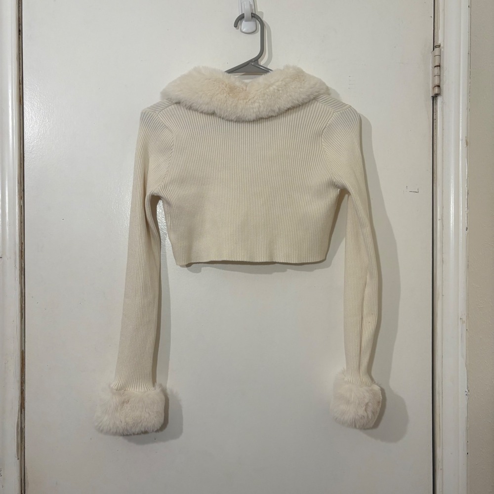 Y2K Cream Faux Fur Trim Cropped Ribbed Bolero Shrug Coquette Cardigan Glam M - Picture 5 of 6